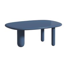 a blue table with two legs and a circular shape on the top, against a white background