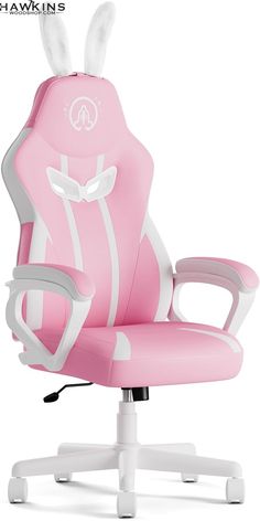 a pink office chair with bunny ears on the head and arms, sitting in front of a white background