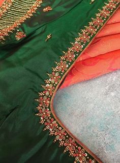 Tread Work Aari Blouse Simple, Green Colour Aari Work Blouse Designs, Simple Arri Work Design, Orange Blouse Maggam Work Designs, Green Blouse Embroidery Designs, Green Colour Blouse Designs, Gold Colour Blouse Designs, Green Blouse Designs, Mirror Work Blouse Design