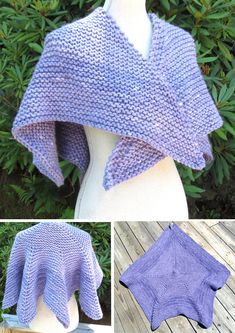 three pictures show the different ways to knit a shawl