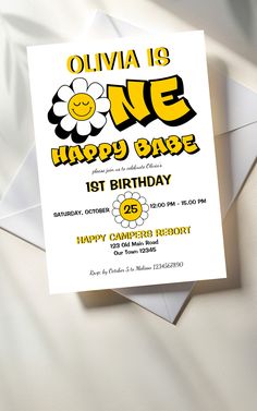 One happy babe retro groovy daisy girls 1st birthday party invitation template yellow and black and white retro smiley birthday party invitation template instant download #birthdayinvitations #onehappybabe #smileybirthdayinvitation Smiley Birthday, Groovy Daisy, Children Party