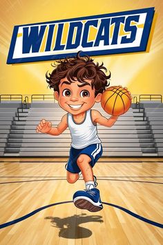 a young boy is running with a basketball in his hand and the words wildcats above him