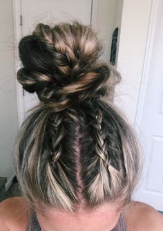 Two Braids Into Messy Bun, Two Braids With Bun, Two Braids And Bun, Sporty Bun Hairstyles, Two Dutch Braids Into Bun, Bun With Two Braids, Messy Dutch Braids, Braids Into Messy Bun, Braid Into High Bun