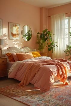 a bedroom with pink walls and an orange bed spread on top of a rug in front of a window