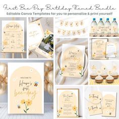 a collage of yellow and white items with the words happy birthday, honey bee