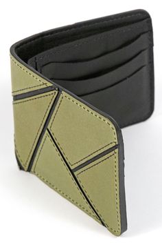 "This stylish men's wallet features a geometric patchwork design and is crafted from genuine cowhide. Handmade in Denver, CO USA. 6 card slots 2 receipt slots 1 bill slot Hand painted edges Dimensions (Folded)- 3.75\" x 4.5\" Weight- 3 oz Not finding exactly what you want? Sean Ray can make it for you! Custom orders available now!" Green Bifold Wallets With Interior Card Slots, Modern Green Bifold Wallets, Classic Green Leather Trifold Wallet, Luxury Green Bifold Wallet, Green Leather Trifold Wallet With Card Slots, Large Leather Tote Bag, Large Leather Tote, Purple Suede, Luxury Purses