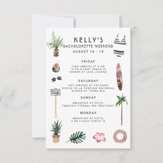 a tropical bachelor party menu card with palm trees and succulents