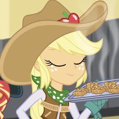 a blonde haired woman wearing a cowboy hat holding a tray of food in her hand