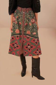 Step into a garden of whimsy with the Arabesque Floral Green Buttons Midi Skirt from FARM Rio. Delicate embroidery dances across vibrant green fabric, leading the eye to playful ruffles that cascade down to a midi-length silhouette. With each twirl, the skirt's unique button detailing catches the light, making it a standout piece for any occasion. Embrace your inner flora and let this skirt bring a touch of Brazilian charm to your wardrobe. Composition 100% COTTONCare Instructions MACHINE WASH ON DELICATE CYCLE, DO NOT BLEACH, DRY FLAT, IRON AT MEDIUM HEAT, DO NOT DRY CLEANSize and Fit Inches XXS XS S M L XL Bust N/A N/A N/A N/A N/A N/A Waist 25 1/4 27 1/4 29 1/4 31 34 1/4 37 2/4 Length N/A N/A N/A N/A N/A N/A Hip N/A N/A N/A N/A N/A N/A Magi Costume, Wardrobe Revamp, Button Midi Skirt, Delicate Embroidery, Green Button, Farm Rio, Vibrant Green, Flat Iron, Arabesque