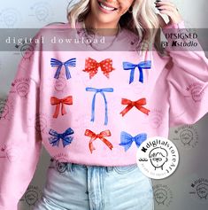 a woman wearing a pink sweater with bows on it and the words digital download