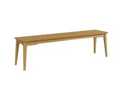 a wooden bench sitting on top of a white floor next to a table with two legs