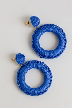 Phoebe Straw Statement Earrings Chic Woven Summer Jewelry, Chic Summer Woven Jewelry, Chic Woven Jewelry For Vacation, Trendy Blue Hoop Earrings For Spring, Spring Vacation Woven Jewelry, Blue Woven Jewelry For Summer, Trendy Woven Earrings, Elegant Woven Earrings For Spring, Blue Earrings For Vacation