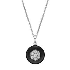 Accent any look with these simple and sweet diamond black ceramic pendant necklace. Click on this JEWELRY & WATCHES GUIDE to learn about fit, styles, materials and more! Accent any look with these simple and sweet diamond black ceramic pendant necklace. Click on this JEWELRY & WATCHES GUIDE to learn about fit, styles, materials and more! FEATURES Dimensions: 0.77" x 0.52" Chain length: 18 in. Chain type: rope Clasp: spring-ring Metal: sterling silver Plating: rhodium Finish: polished Packaging: White Gold Necklace With Black Enamel, Round Black Enamel Diamond Jewelry, Formal Black Enamel Diamond Necklace, Luxury Black Diamond Necklace With Accents, Elegant Black Round Diamond Necklace, Classic Round Black Enamel Necklaces, Black Diamond Necklace With Accents, Round Shape, Black Diamond Necklace With Diamond Accents, Black Diamond Necklace With Round Diamond Accents