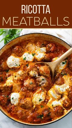 a skillet filled with meatballs and cheese