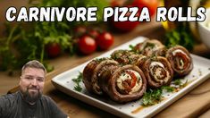 a man sitting in front of a white plate filled with pizza rolls