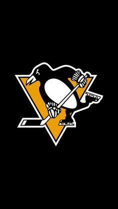 the pittsburgh penguins logo is shown in black and yellow, with a penguin holding a hockey stick