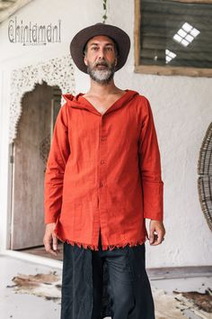 "⫸ We ship by EXPRESS EMS now for fast & safe delivery! This red ochre / terrcotta hooded shirt for men is a very comfortable piece to wear with jeans or pants in a cooler climate. It has big pilgrim hood, extra long sleeves for coziness and even side pockets! The back is decorated with geometric \"worn out\" screen printed patterns, to add some artsy twist to this simple and classic model. The hemline is open, so that this piece will combine perfectly with any of your boho wardrobe, be it e Red Long Sleeve Top For Outdoor, Red Casual Cotton Hooded Jacket, Casual Red Cotton Hooded Jacket, Red Cotton Long Sleeve Hooded Jacket, Red Cotton Hooded Jacket For Spring, Red Hooded Top With Relaxed Fit, Red Cotton Hooded Jacket With Pockets, Red Cotton Outdoor Hoodie, Red Long Sleeve Tops With Adjustable Hood