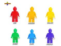 four different colors of lego minifigures are shown in the same image as each other