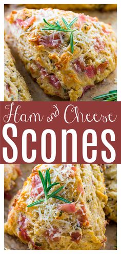 ham and cheese scones on a cutting board with rosemary sprigs in the middle