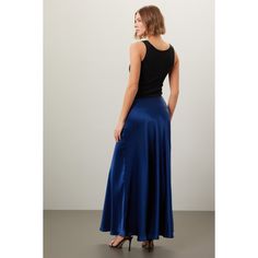 Blue satin (80% Triacetate, 20% Polyester). A-line. Side zipper closure. 36.5" from shoulder to hemline. Imported. Chic Satin A-line Skirt, Chic A-line Satin Skirt, Party Skirt With Bias Cut In Relaxed Fit, Party Skirt With Bias Cut And Relaxed Fit, Party Skirt With Bias Cut, Fitted A-line Satin Skirt, Satin A-line Flowy Skirt, Evening Satin Skirt With Bias Cut, Formal A-line Satin Bottoms