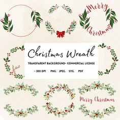 christmas wreaths and ornaments with merry lettering