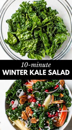 kale salad in a white bowl with text overlay that reads 10 - minute winter kale salad