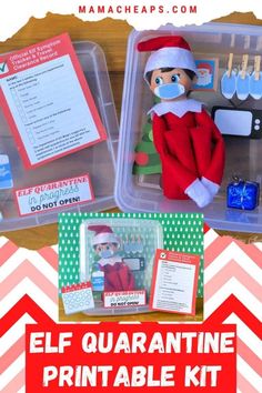 an elf is sitting in a plastic container with supplies for the elf's christmas party