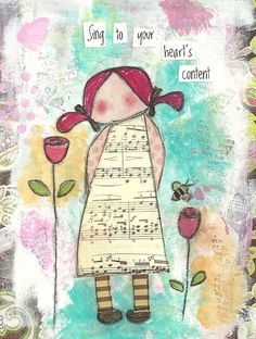 a drawing of a girl with flowers and music notes