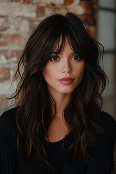 Haircuts For Long Hair Fringe, Long Hair Subtle Bangs, Long Bob Haircuts Dark Hair, Fringe Hairstyles Brunettes, Haircuts For Long Hair Wispy Bangs, Chunky Layers With Bangs, Dark Hair With Fringe Bangs, Medium Hair Layered With Bangs, Long Layered Hair And Bangs