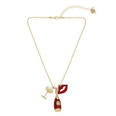 Betsey Johnson Going All Out Lips Champagne Charm Pendant Necklace Gold Chain Charm Necklace For Party, Elegant Pearl Chain Charm Necklace For Party, Gold Necklace For Valentine's Day Party, Holiday Party Beaded Jewelry, Metal Necklace With Pearl Charm For Parties, Beaded Chain Jewelry For Valentine's Day Party, Valentine's Day Party Jewelry With Beaded Chain, Valentine's Day Beaded Chain Party Jewelry, Gold Charm Necklaces With Adjustable Chain For Party