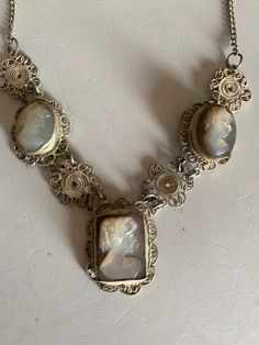 Beautiful Antique Cameo Necklace, Sterling Silver, Cameo Filigree, Hand Engraved  Circa WW11 Gorgeous twisted silver handmade rope work Believed to have been made in Italy Pre 1940's Size- 16 inches long Good vintage condition  FREE SHIPPING All items are used/vintage condition and may have wear consistent with age  Please message me with any questions  No exchanges/cancellations/returns or refunds Filigree Necklaces, Cameo Necklace, Necklace Sterling Silver, Hand Engraving, Handmade Silver, Size 16, In Italy, Jewelry Necklaces, Charm Bracelet