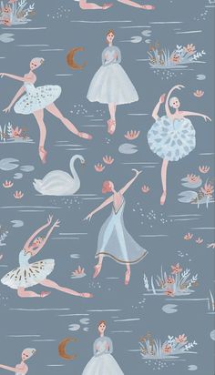 a blue background with ballet dancers and swans