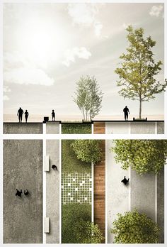 four different views of people walking and sitting on the ground, with trees in the background