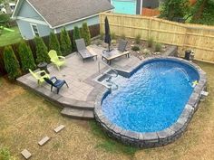 a backyard with a pool and patio furniture