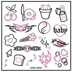 Cute New School Tattoo, Cute Doodles Y2k, Retro Aesthetic Tattoo, Simple Tattoos Traditional, Simple Tattoos Alt, Small Pink Tattoo Ideas, Floral Outline Drawing Simple, Tattoo Flash Sheet Girly, Interesting Tattoo Ideas