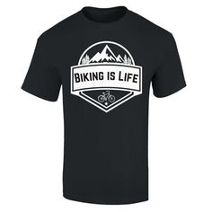 a black t - shirt with the words biking is life on it and mountains in the background