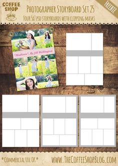 the coffee shop photography storyboard set 2 is shown in three different sizes and colors