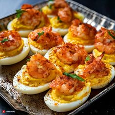 Deviled Eggs With Capers, Seafood Christmas Appetizers, Deviled Eggs Presentation, Shrimp Deviled Eggs Recipes, Deviled Egg Ideas, Shrimp Appetizers For Party, Deviled Eggs With Shrimp, Fancy Deviled Eggs, Gourmet Deviled Eggs