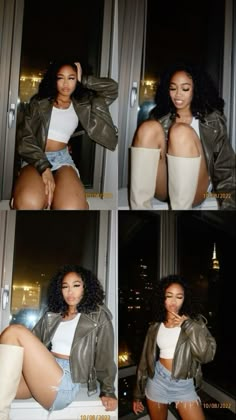 four different pictures of a woman posing in front of a window with her legs crossed