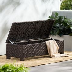 a brown wicker trunk sitting on top of a rug next to a potted plant