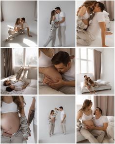 a collage of photos shows a man and woman holding their pregnant child in bed