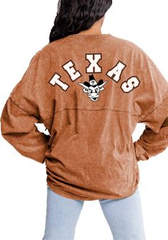 Display your Texas Longhorns spirit in this Texas Burnt Orange T-Shirt! This Texas Must Have Long Sleeve T-Shirt makes a great layer for cooler nights cheering on the Longhorns. Featuring a screen print team name and logo on center back with screen print team logo on left chest, this Texas Longhorns Long Sleeve LS Tee is a must-have for any fan. Hook Em Horns! Texas Tech Shirts Woman, Fall College Brown Tops, Brown Long Sleeve Tops For College, Oversized Tops For College In Fall, Oversized Fall Tops For College, Oversized Spring College Tops, Spring Oversized Tops For College, Trendy Oversized Top For Game Day, Long Sleeve Tops For Game Day In Fall