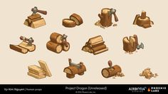 various wooden objects are shown in this cartoon character's workflowe design process