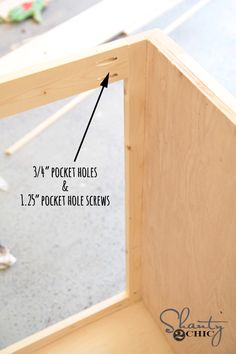 the bottom half of a wooden shelf with measurements for the pocket holes and 1 25 pocket hole screws