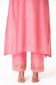 Lotus pink A-line kurta with embroidery along the neckline and sleeves. Paired with a pant and tissue applique work dupatta. - Aza Fashions Pink Kurta, Kurta Pant Set, Applique Work, A Line Kurta, Kurta With Pants, Pants Pattern, Pant Set, Embroidered Silk, Work Pants