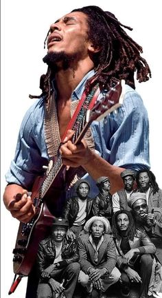 a man with dreadlocks holding a guitar in front of an image of people