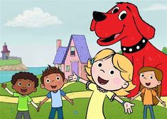 a group of children standing in front of a red dog