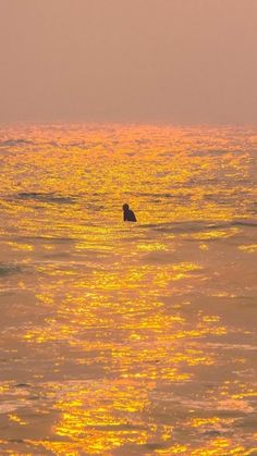 a person swimming in the ocean at sunset