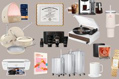 there are many different items that can be found in this collage, including coffee mugs and records