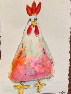 a watercolor painting of a chicken with bananas on the bottom and an egg in the middle